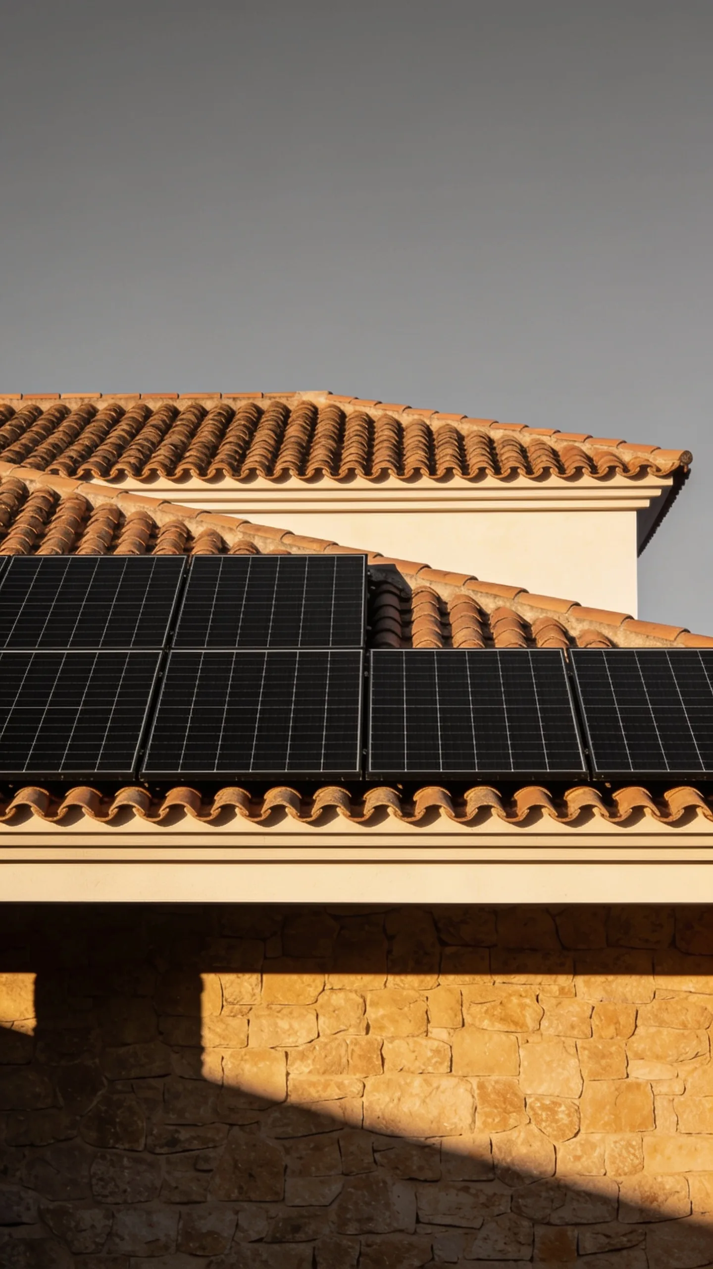 Vivienda mediterránea con instalación fotovoltaica al atardecer