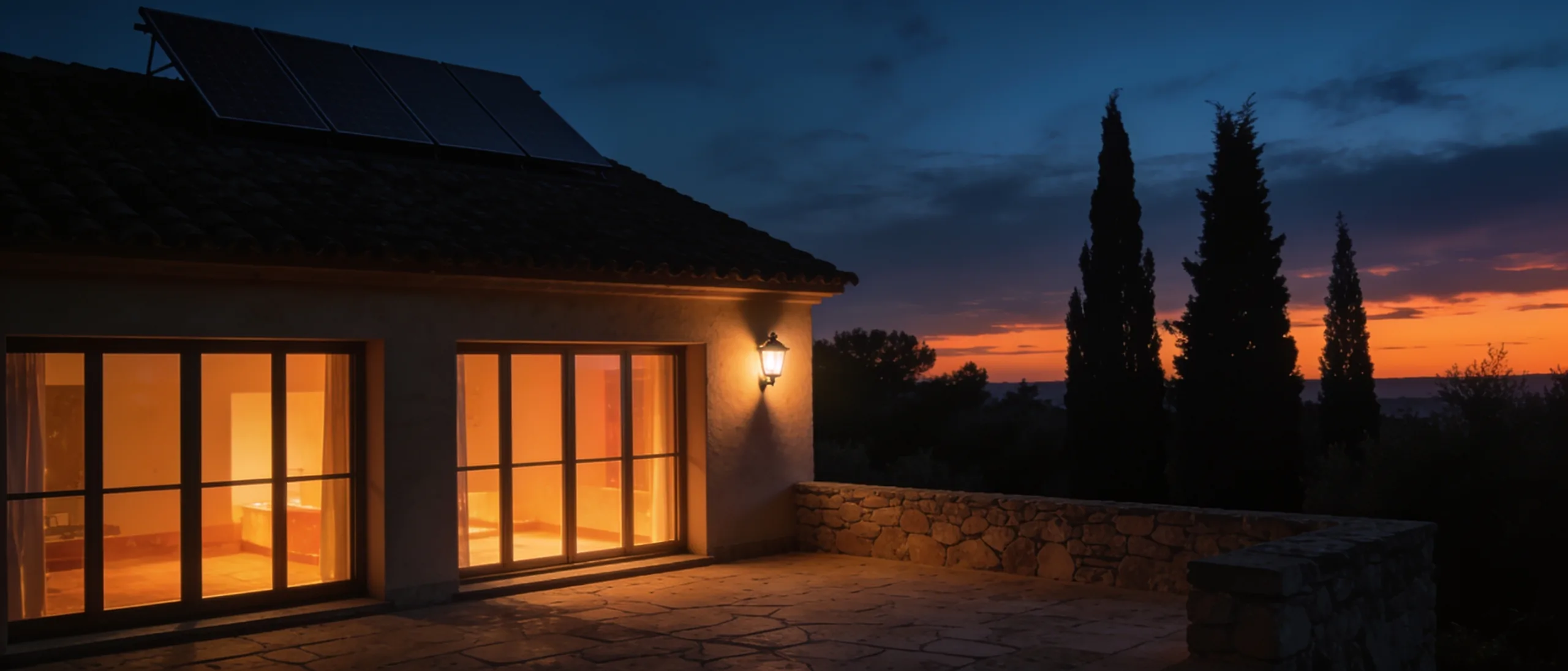 Vivienda española al anochecer con la instalación solar en silueta y luz interior encendida